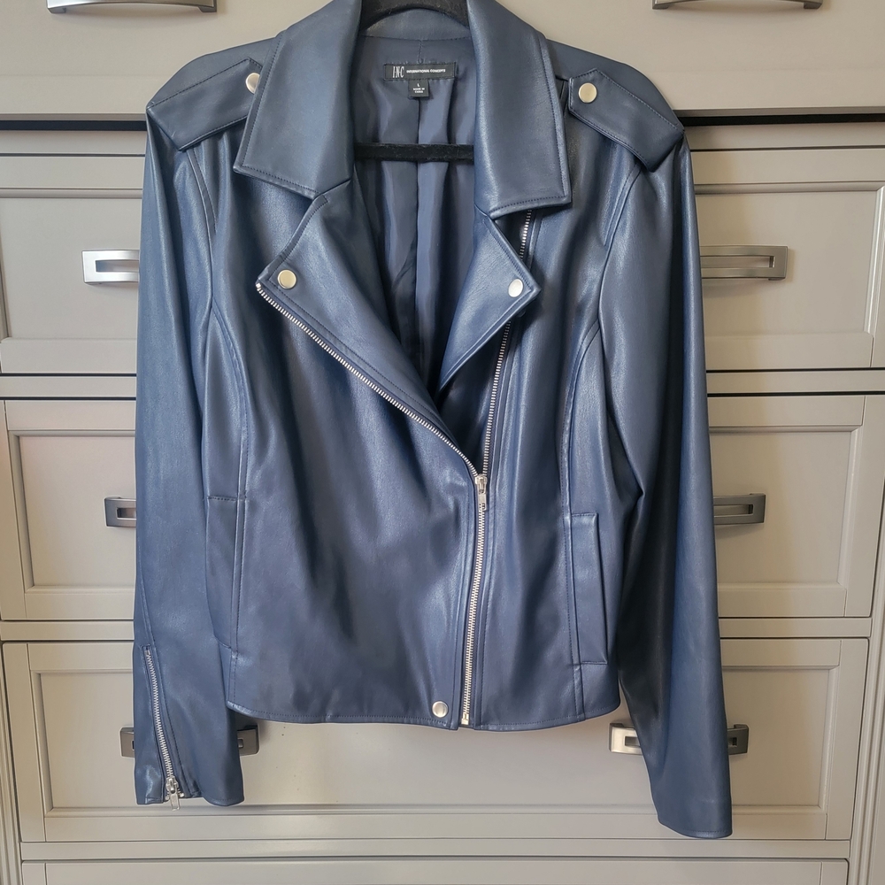 INC Women's Navy Blue Vegan Leather Jacket